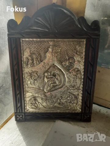 Голяма сребърна икона с дървена рамка дърворезба сертификат, снимка 4 - Антикварни и старинни предмети - 51301480