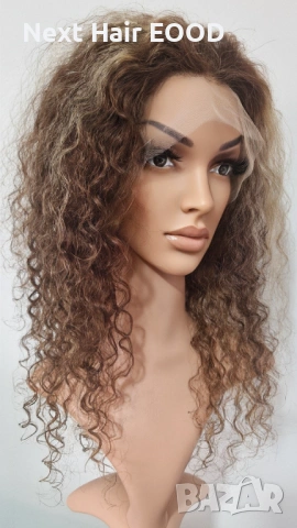 Естествена афро къдрава перука от 100% човешка коса - кафява с руси кичури, 13x4 дантела, снимка 2 - Аксесоари за коса - 53294521