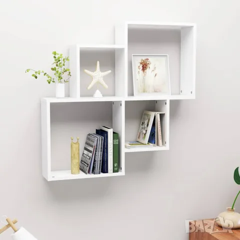 vidaXL Стенен кубичен рафт, бял, 80x15x78,5 см, инженерно дърво, снимка 2 - Ракли - 56147790