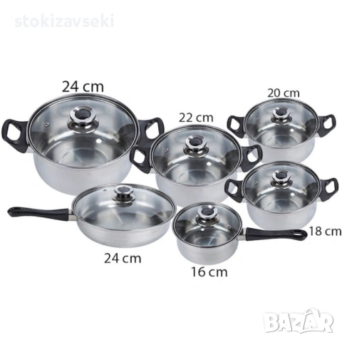 Комплект готварски съдове от инокс 12 части: 5 тенджери, тиган и стъклени капаци (16-24 см), снимка 4 - Съдове за готвене - 54083681