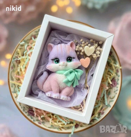Коте с панделка котка котенце Marie Cat Мари силиконов молд форма фондан гипс шоколад смола свещ, снимка 6 - Форми - 53881162