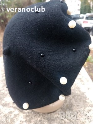 Черна дамска барета с перли Лукс, снимка 3 - Слънчеви и диоптрични очила - 42926812