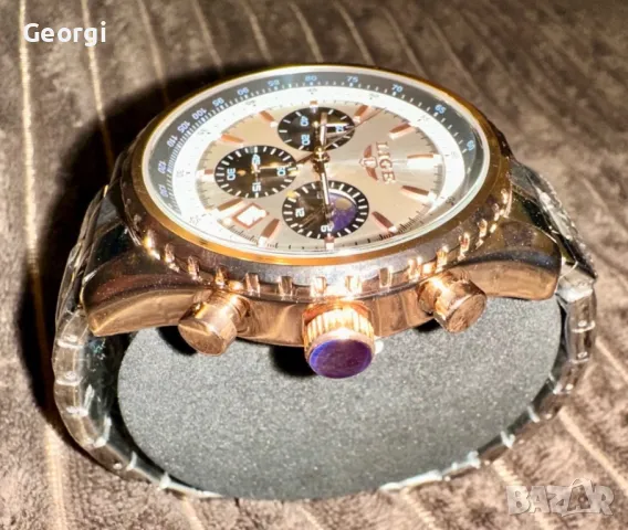 Мъжки класически, луксозен хронограф LIGE *Елегант* Аристократично златист металик !, снимка 5 - Мъжки - 49621415