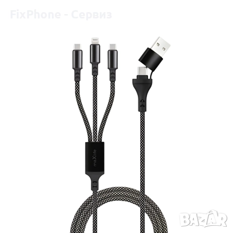 Кабел USB + USB-C - Lightning + 2x USB-C, Maxlife ALLin1, 1м 66W, Черен 