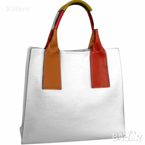 Елегантен комплект от дамска чанта с цветни дръжки и допълнителна малка чанта-несесер, снимка 5 - Чанти - 52584682