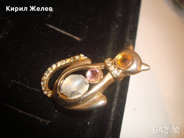 БРОШКА КОТКА с ПОЗЛАТА МЕДНА с КАМЪНИ ВИНТИДЖ АРТ ДЕКО БИЖУ 3736