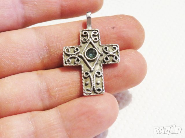 сребърен синджир с кръст, православен кръст с филигран и скъпоценен камък , снимка 3 - Колиета, медальони, синджири - 29969334