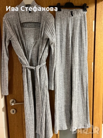 Нов сив памучен памук  сет комплект от три части костюм 3 в 1 дълга жилетка , блуза панталон , снимка 3 - Комплекти - 46262885