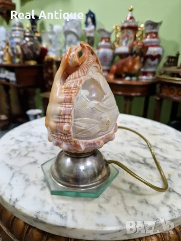 Уникат - Рядка антикварна колекционерска лампа от раковина ръчно гравирана , снимка 8 - Други ценни предмети - 50153508