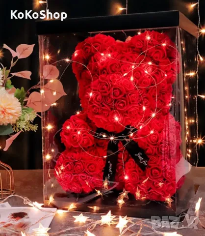 Мече от рози с LED светлини-40 см./червено мече от рози