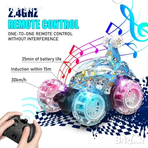 Акумулаторна кола с дистанционно управление  RC Stunt Car 360°Flips Rotation с LED светлина и музика, снимка 9 - Коли, камиони, мотори, писти - 48521806