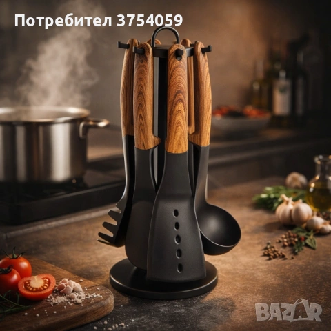 Комплект кухненски прибори 6 части с въртяща се стойка Cheffinger – дървесна визия, практичен и стил, снимка 2 - Прибори за хранене, готвене и сервиране - 53174080