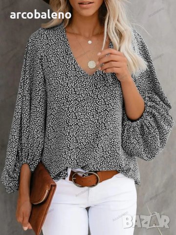 Дамска ежедневна риза с щампован фенерски ръкав с V-образно деколте, 9цвята , снимка 14 - Ризи - 42039048