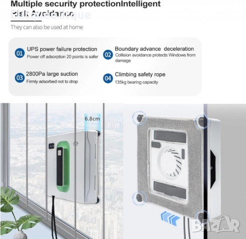 Робот за почистване на прозорци Voltz, 72W, всумак. мощност-2500Ра, Wi-Fi, 2 дюзи, контейнер 40мл, снимка 3 - Друга електроника - 52173682