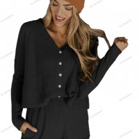 Дамски ежедневен моден комплект с V-образно деколте и дълъг ръкав, 4цвята - 023, снимка 5 - Комплекти - 39920238