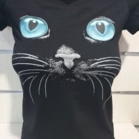 Страхотна нова дамска черна тениска с 3D трансферен печат Котка със сини очи, снимка 7 - Тениски - 29126658