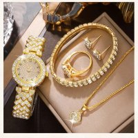 Луксозен комплект с часовник гривна колие пръстен и обеци, снимка 3 - Гривни - 44303502
