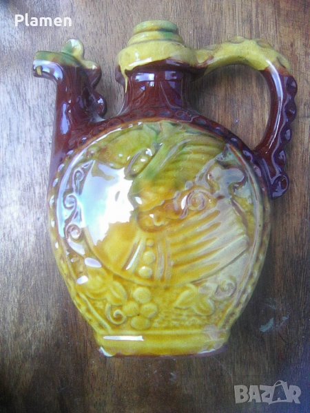 Стар български глинен с глазура сервиз за греяна ракия стомна като петле, снимка 1