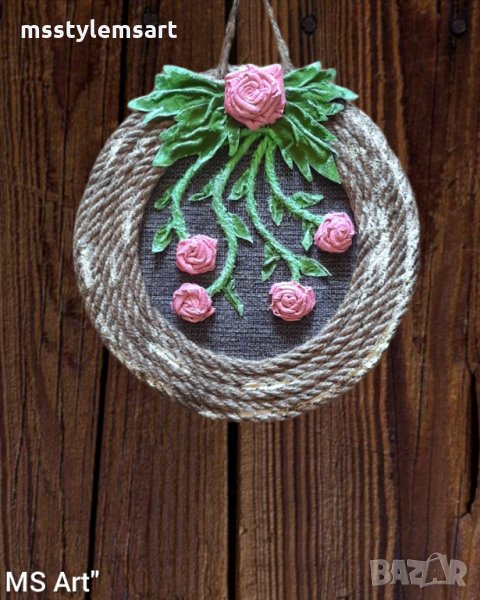 Декоративно пано от конопено въже с цветя от естествена кожа! Ръчна изработка!, снимка 1
