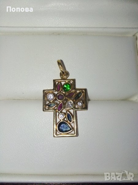  18 к. дизайнерски златен кръст със скъпоценни камъни /изумруд,сапфир,рубин..., снимка 1