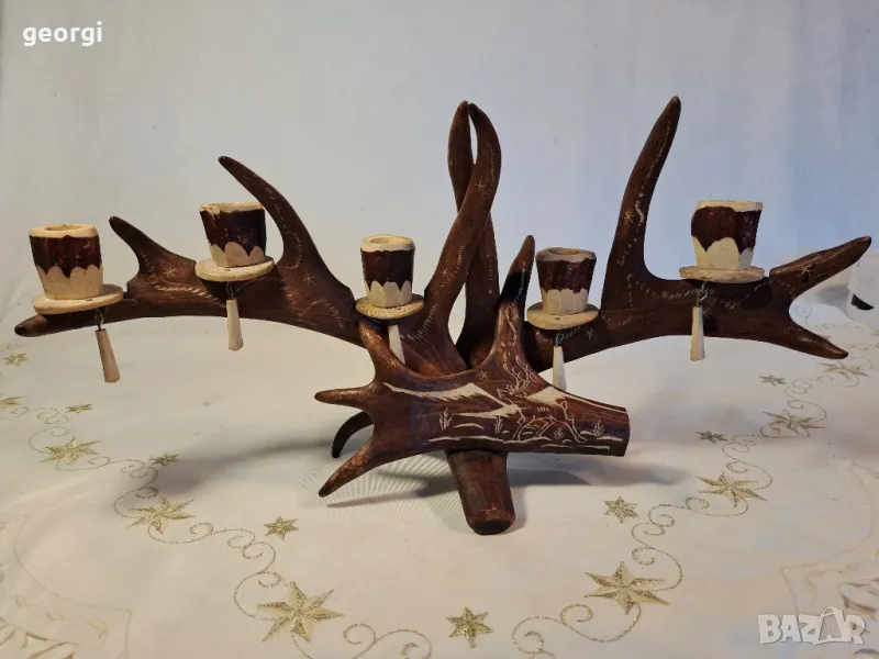 гравиран свещник от еленов рог уникат     25/4, снимка 1