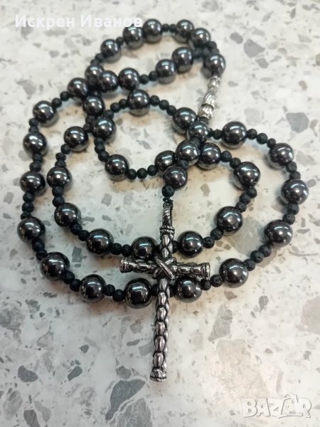 Разпятие, Кулие, Мъжки Гердан Хематит/Лазурит и Вулканичен Камък, снимка 1