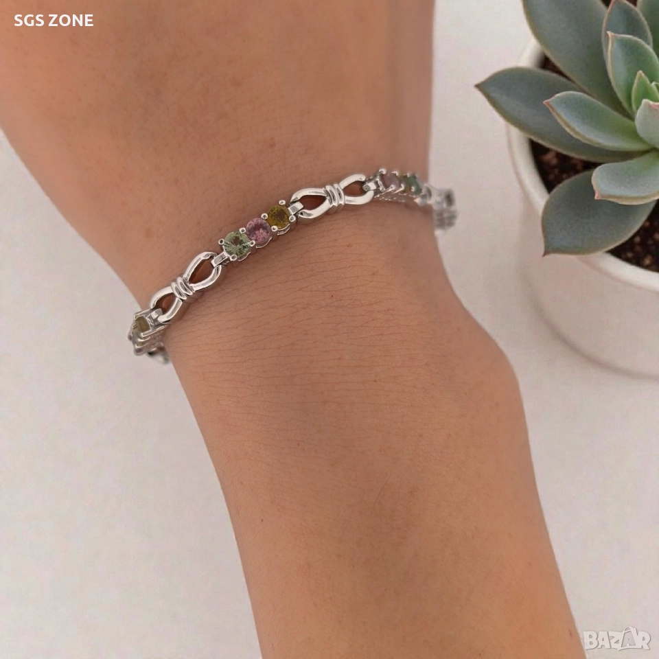 Ръчно изработена сребърна гривна с мулти турмалин, снимка 1