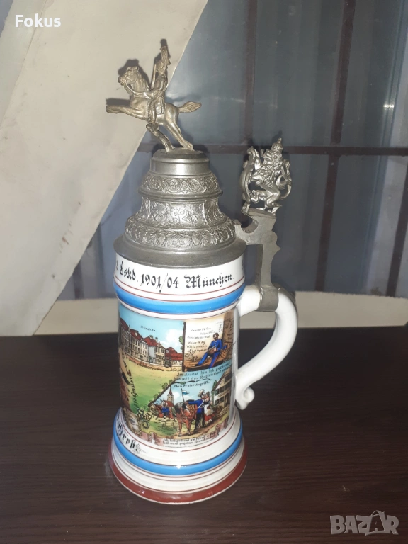 Голяма стара немска халба 0,5 л. военна тематика, снимка 1