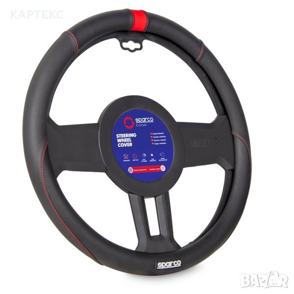 Калъф за волан SPARCO , М (38см), Черен с червен шев, снимка 1