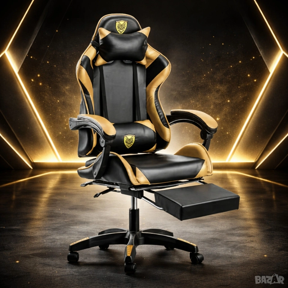 Черен геймърски стол с златисти акценти и разтегляема поставка за крака , снимка 1