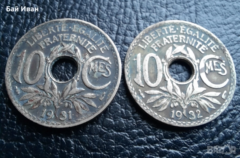 Стара монета 10 сантима 1931 г. и 1932 г. Франция - топ !, снимка 1