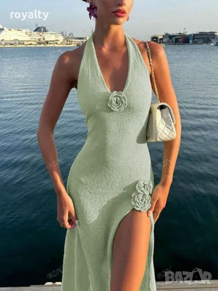 Рокля от плетен тъкан плат в ментово зелено с рози 🍈🍋‍🟩, снимка 1