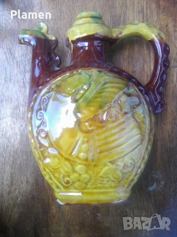 Стар български глинен с глазура сервиз за греяна ракия стомна като петле, снимка 1