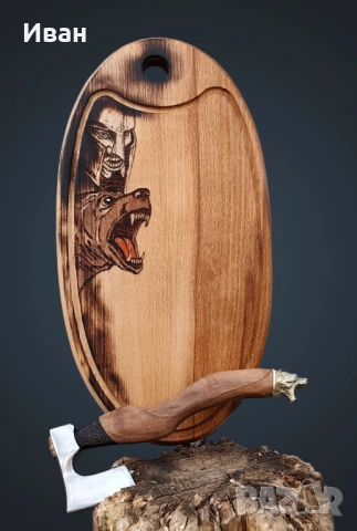 Брадва ръчна изработка, мини мезеджийска брадвичка комплект дъска за рязане мечка 