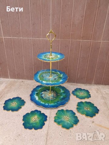 Поднос за сладки на 3 етажа и подложки за чаши, снимка 9 - Прибори за хранене, готвене и сервиране - 34827361