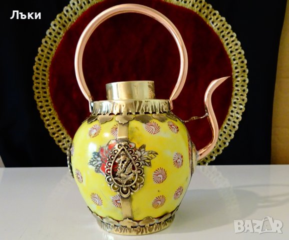 Тибетска порцеланова кана,чайник,обков мед и месинг. , снимка 4 - Антикварни и старинни предмети - 37512675