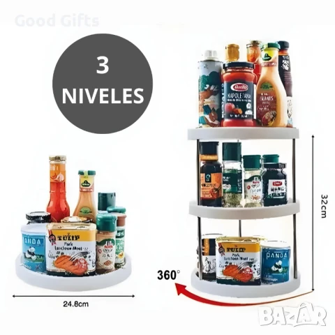 Въртяща се стойка с 3 нива за подправки и продукти – 360° органайзер за кухня, снимка 4 - Други стоки за дома - 51061192