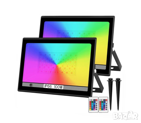 2/бр. RGB LED външен прожектор 100W, Димируем 10000LM IP66
