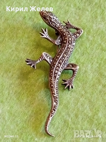 Артистчна сребърна брошка с Маркезит във формата на гущер/саламандър 49738, снимка 8 - Колиета, медальони, синджири - 52925918