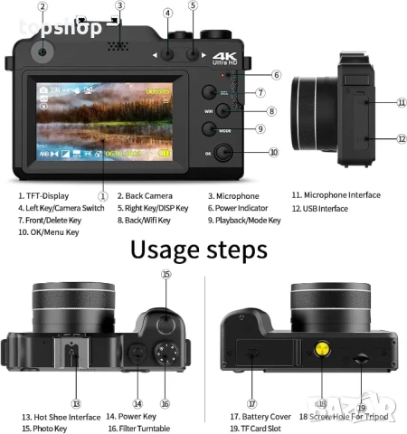 Цифрова фотокамера TEKXDD, 4K Vlog камера, 64GB SD, 18X увеличение, двойна камера предна и задна..., снимка 5 - Камери - 50542377