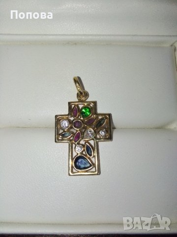  18 к. дизайнерски златен кръст със скъпоценни камъни /изумруд,сапфир,рубин...