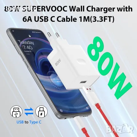 80W SuperVOOC Зарядно с 2м USB-C Кабел за OnePlus 10 11 12 Nord CE 2 3 Lite OPPO Realme 10 GT NEO, снимка 5 - Резервни части за телефони - 49730995