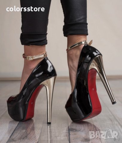 Обувки на ток - черно със златисто - 73