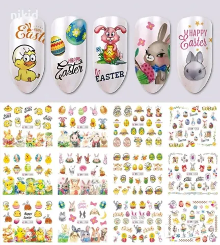 заек пиле яйце лист Великденски слайдер 12 в 1 татос ваденки водни стикери за нокти, снимка 2 - Продукти за маникюр - 48761936