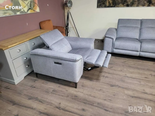 Сив комплект от плат двойка и фотьойл с електрически релакс механизъм, снимка 12 - Дивани и мека мебел - 51955845