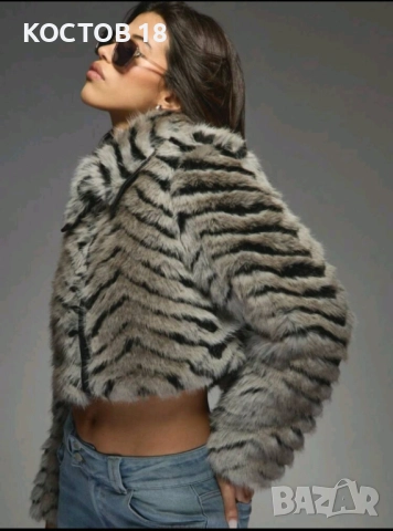 Дамско кожено яке 4086 със сив и черен пух., снимка 4 - Якета - 51873315