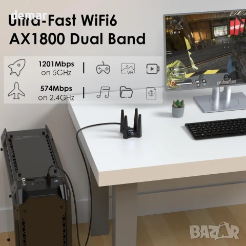 WAVLINK AX1800 USB WiFi адаптер за настолен компютър, двубандов 5Ghz (1201Mbps) + 2.4Ghz (574Mbps), снимка 2 - Мрежови адаптери - 50459697