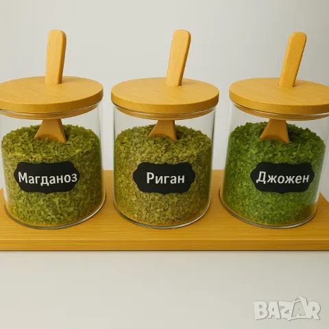 Бурканчета за подправки със стойка, бамбукови капачки и 36бр.BG етикети - 4 МОДЕЛА, снимка 8 - Кутии за съхранение - 49913519