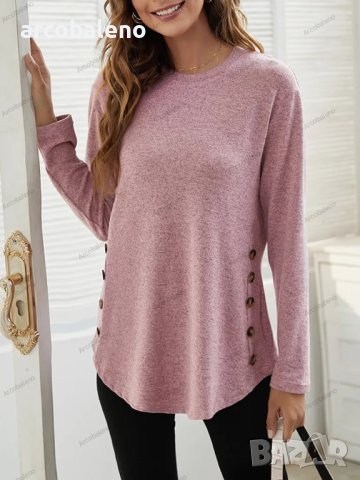Дамска едноцветна ежедневна блуза с копчета и падащо рамо, 2цвята - 023, снимка 2 - Блузи с дълъг ръкав и пуловери - 42400236