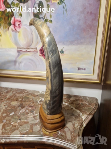 Чифт страхотни антикварни рогове ръчно гравирани , снимка 5 - Антикварни и старинни предмети - 53139393